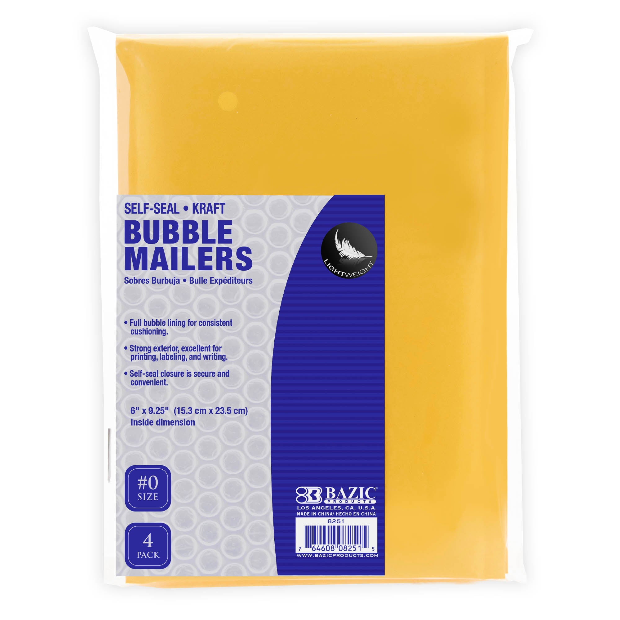 Kraft Bubble Mailers, #0 6" x 9.25", Self-Seal, 4-Pack