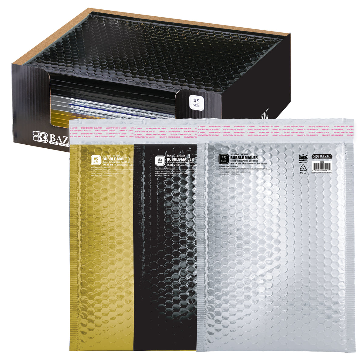 BAZIC Large Metallic Bubble Mailers #5, 10.5 x 15 in Padded