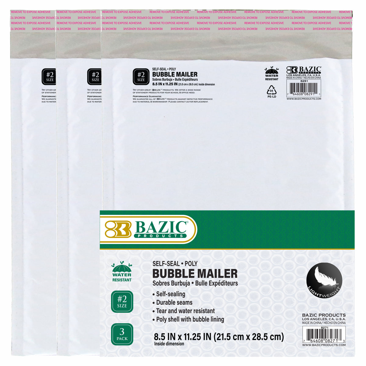 BAZIC #2 Poly Bubble Mailers, 8.5 x 11.25 in, 3 mailers