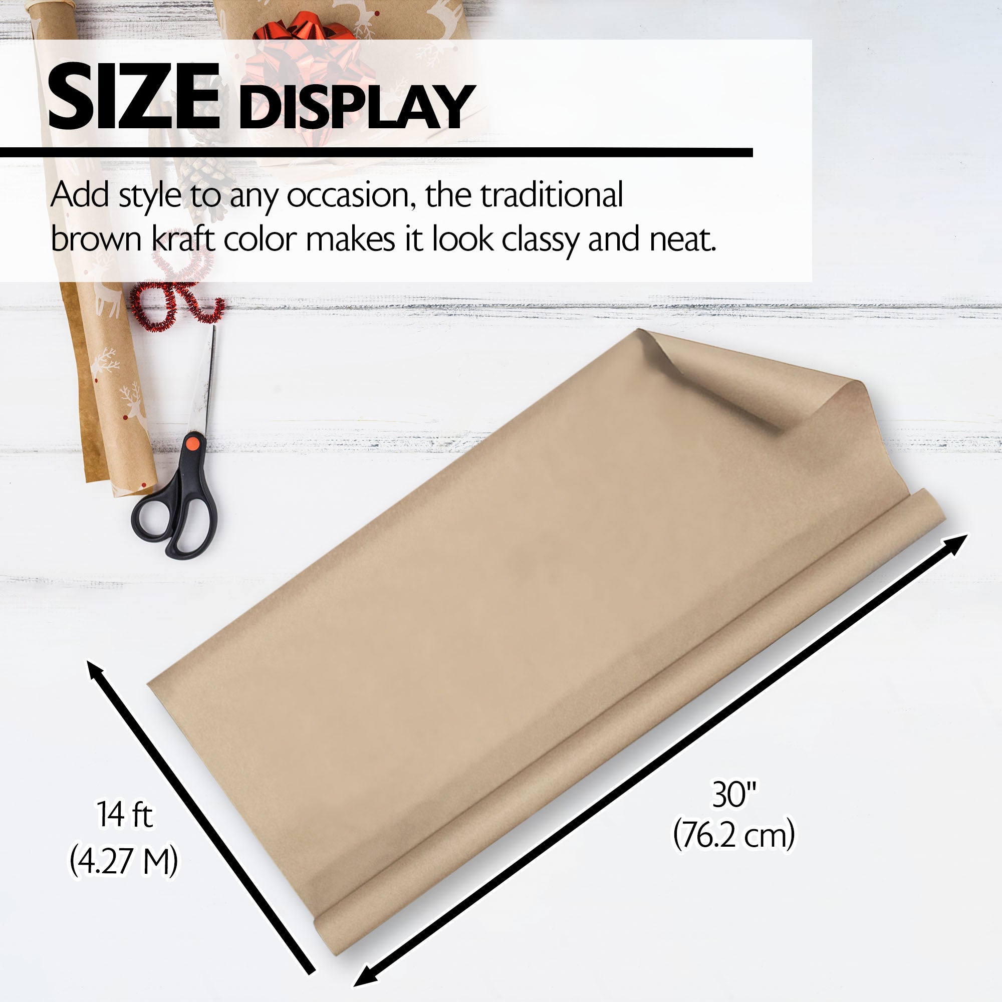 Natural Kraft Wrapping Paper Roll, 30 in x 14 ft