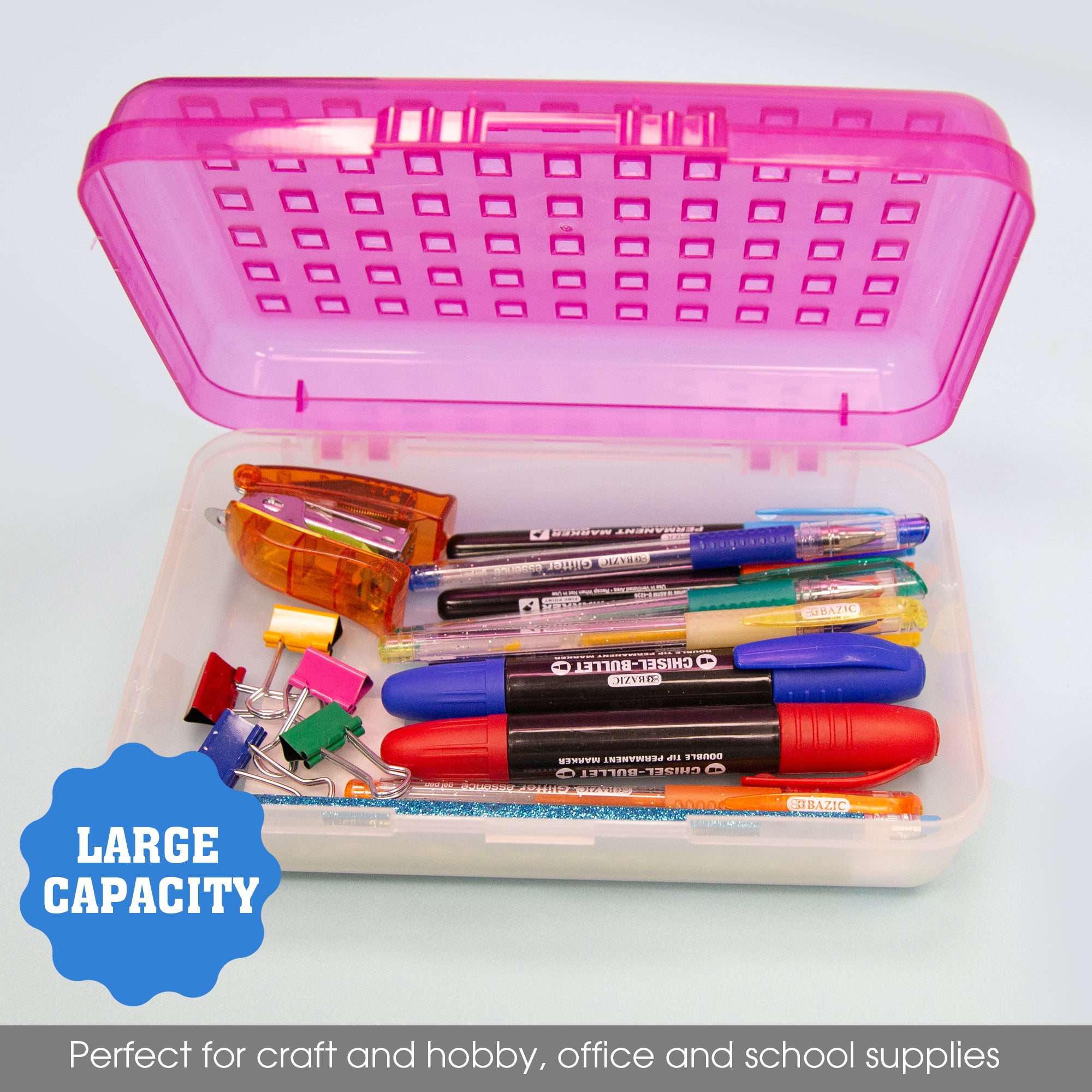 Plastic Pencil Box, 8" x 2-3/8" x 5.25", Assorted Colors