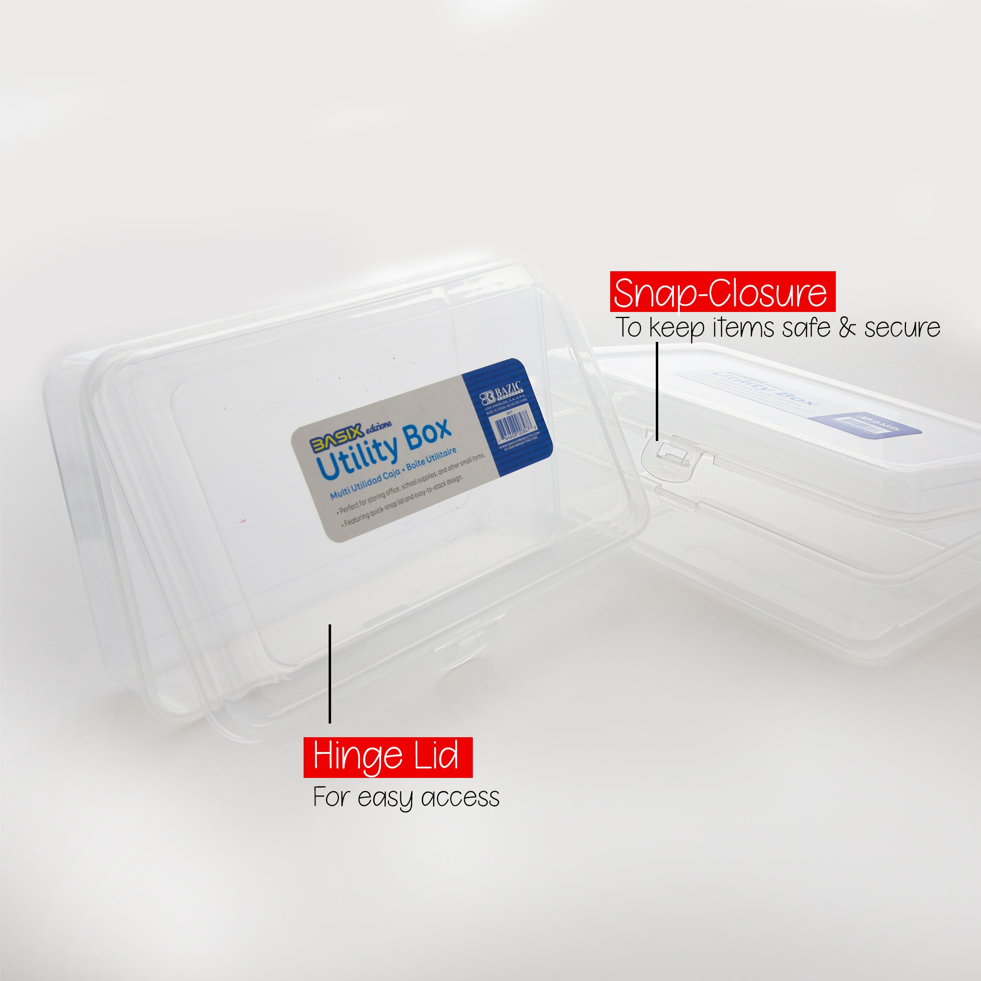 Pencil Box, Clear Plastic Utility Box, 7.75" x 5" x 2"