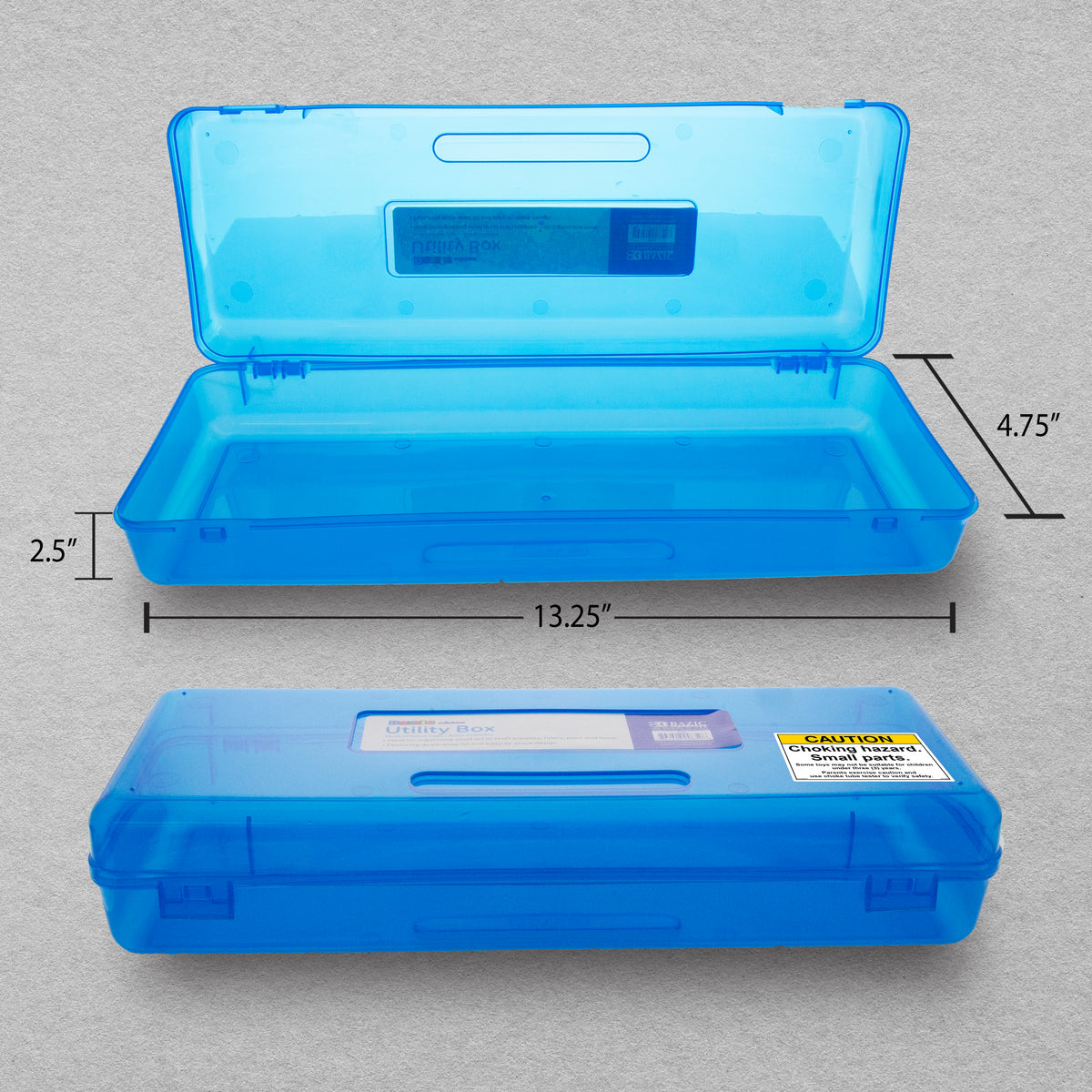 Translucent blue pencil box shown open and closed; measures 13.25 inches long, 4.75 inches wide and 2.5 inches high.