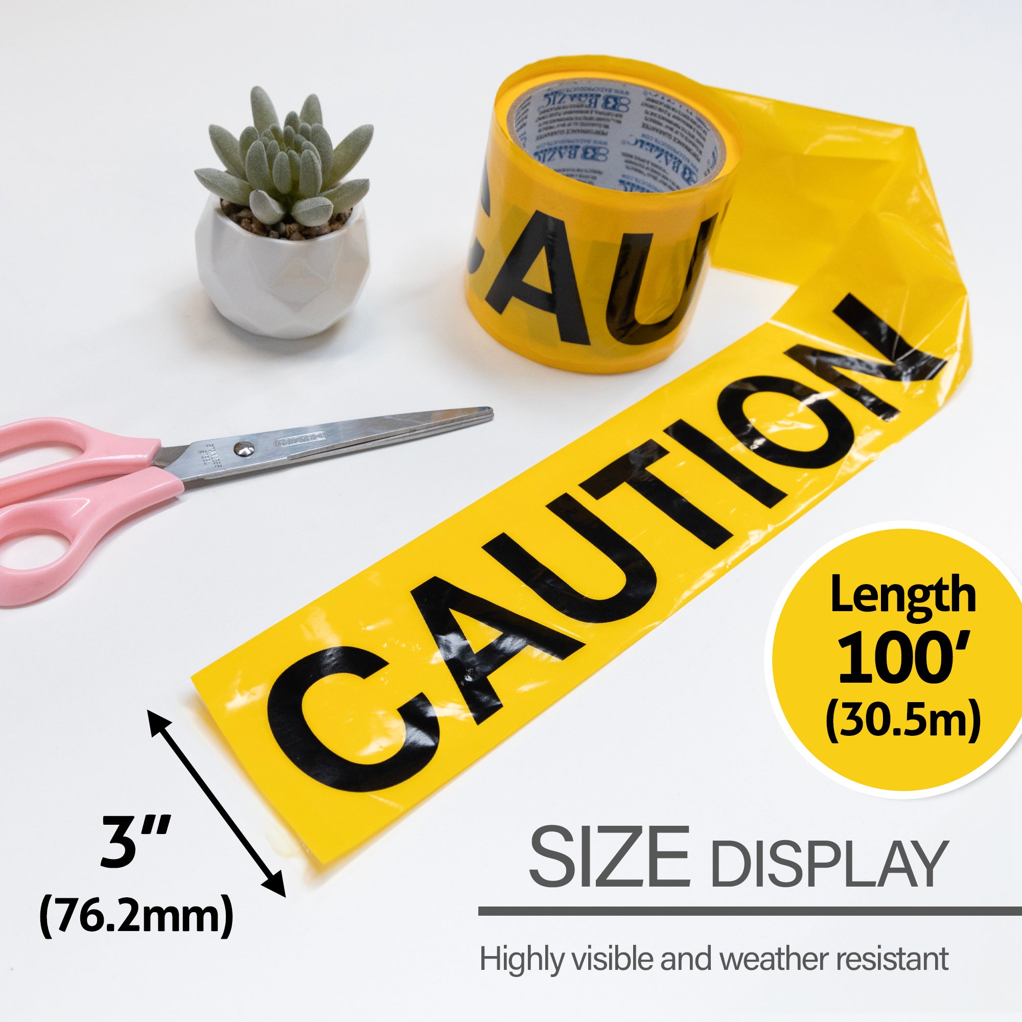 Yellow Caution Barricade Tape, 3 in x 100 ft