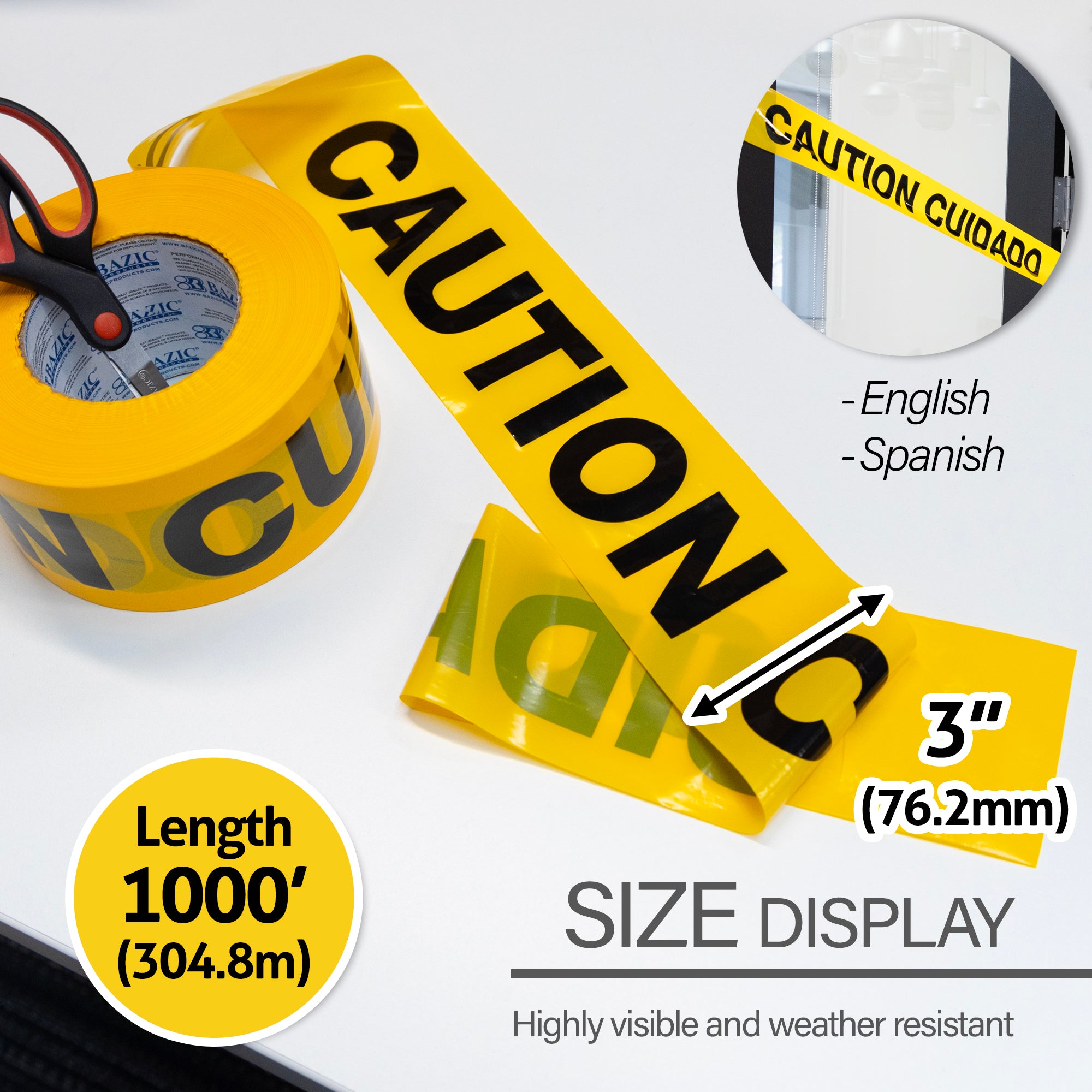 Yellow Caution Barricade Tape, 3 in x 1000 ft