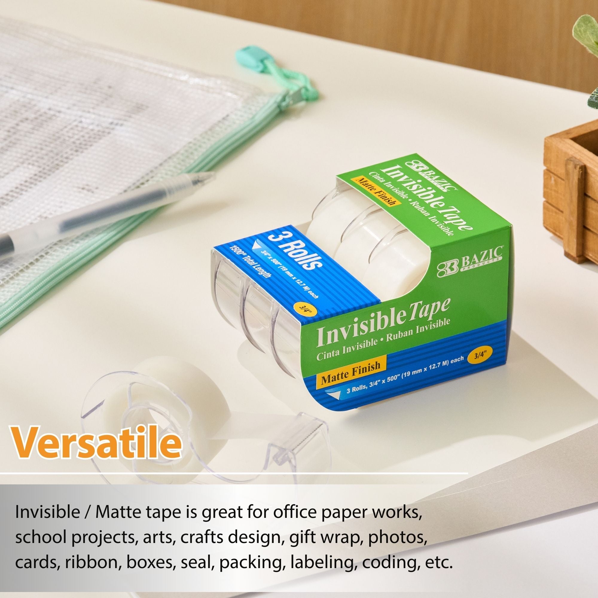 Invisible Tape, Matte Finish, 0.75" x 250", 3 Rolls