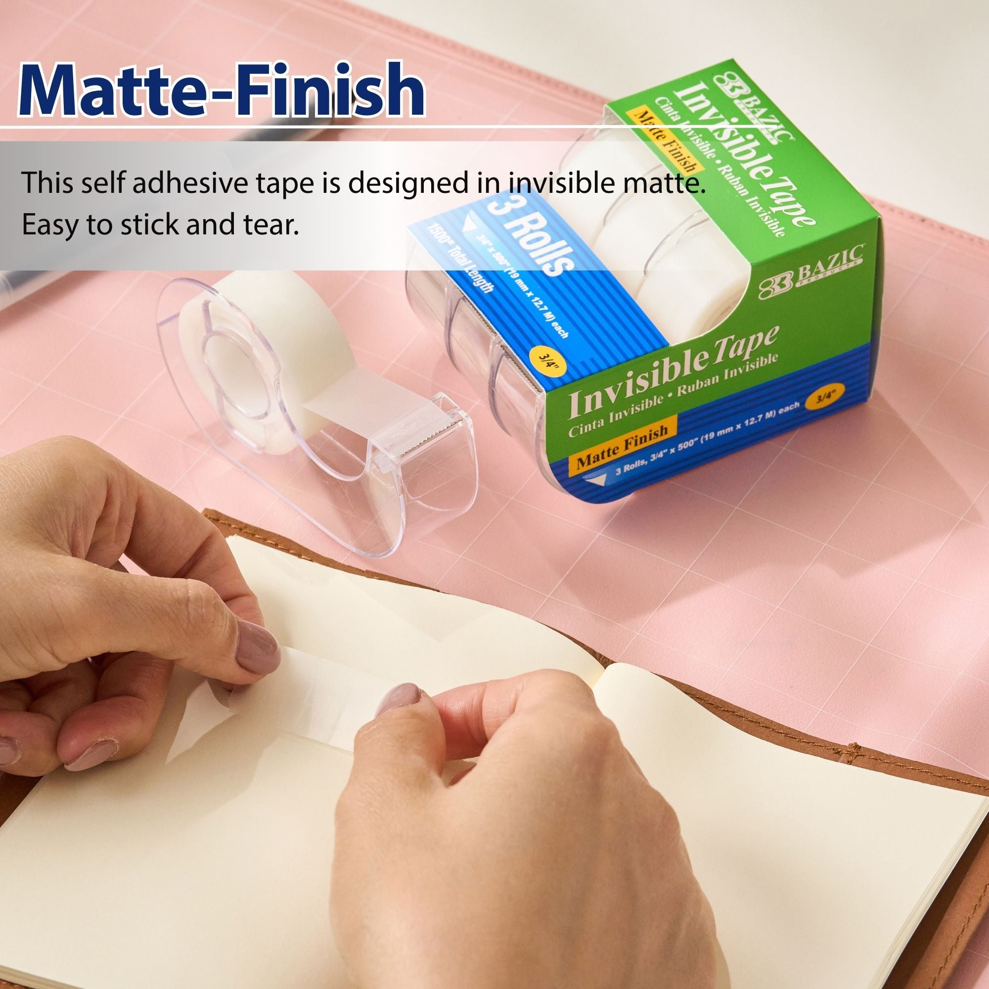 Invisible Tape, Matte Finish, 0.75" x 250", 3 Rolls