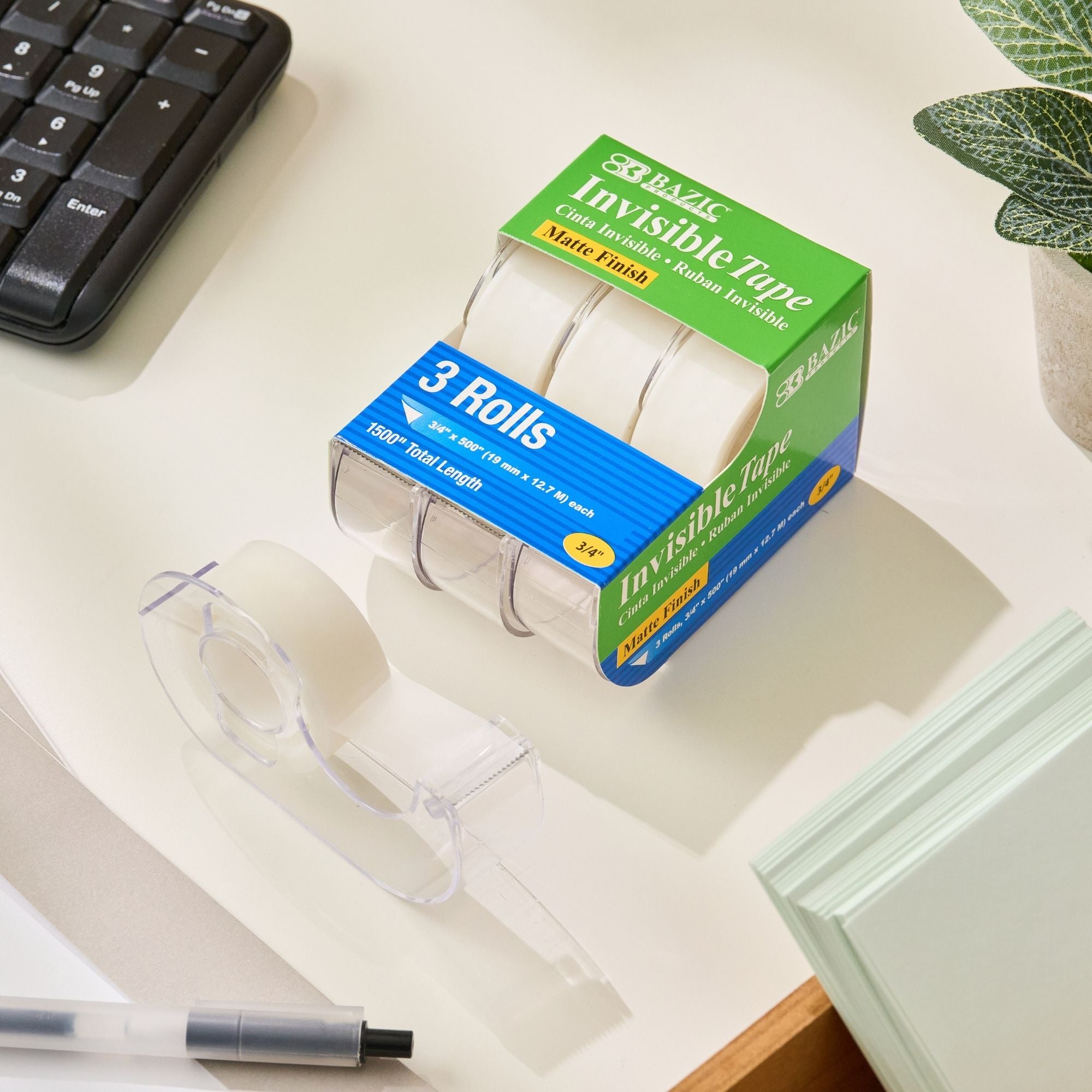 Invisible Tape, Matte Finish, 0.75" x 250", 3 Rolls