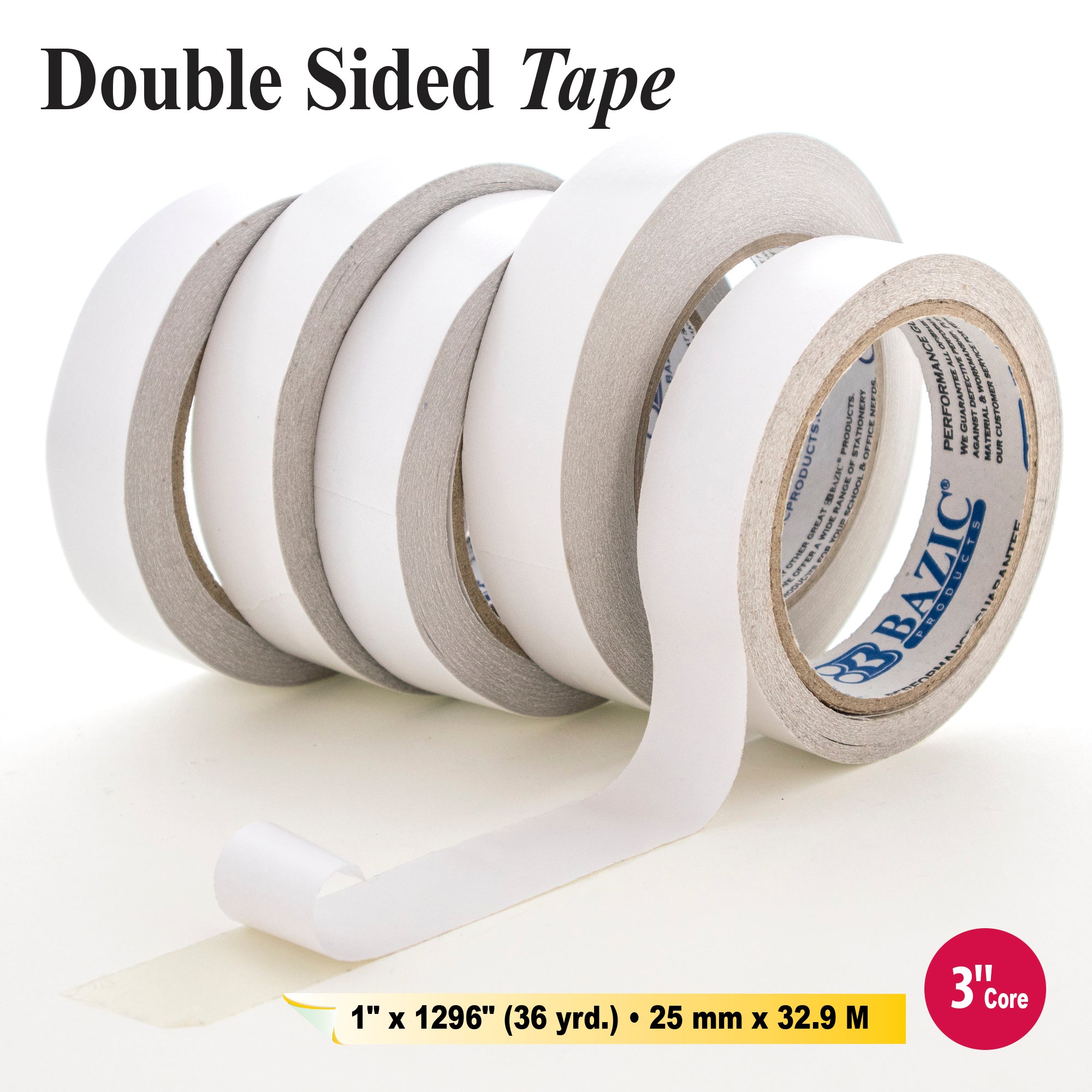 Double Sided Tape, 1" x 1296", 3" Core
