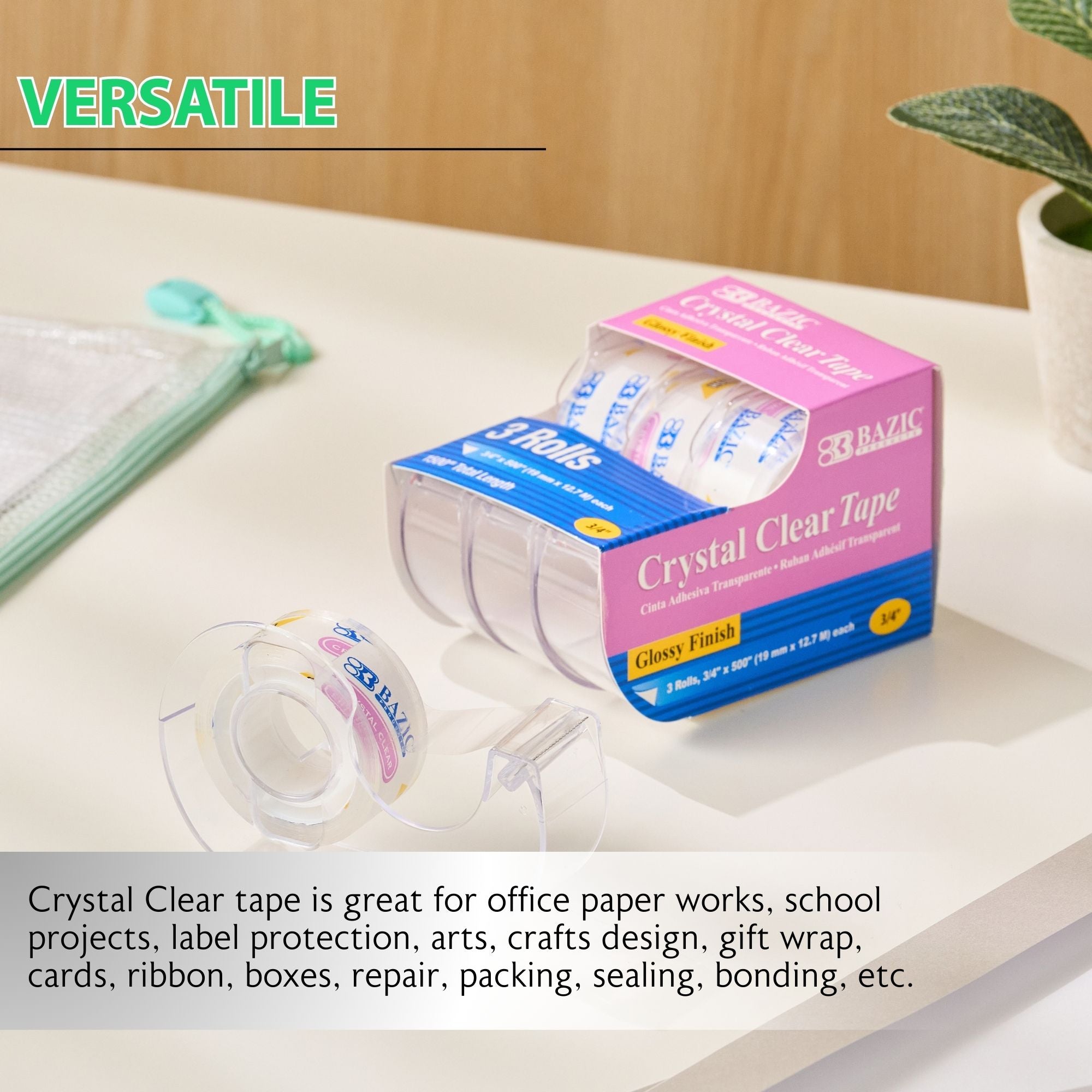 Crystal Clear Tape, 3 Rolls, 0.75" x 250" Each
