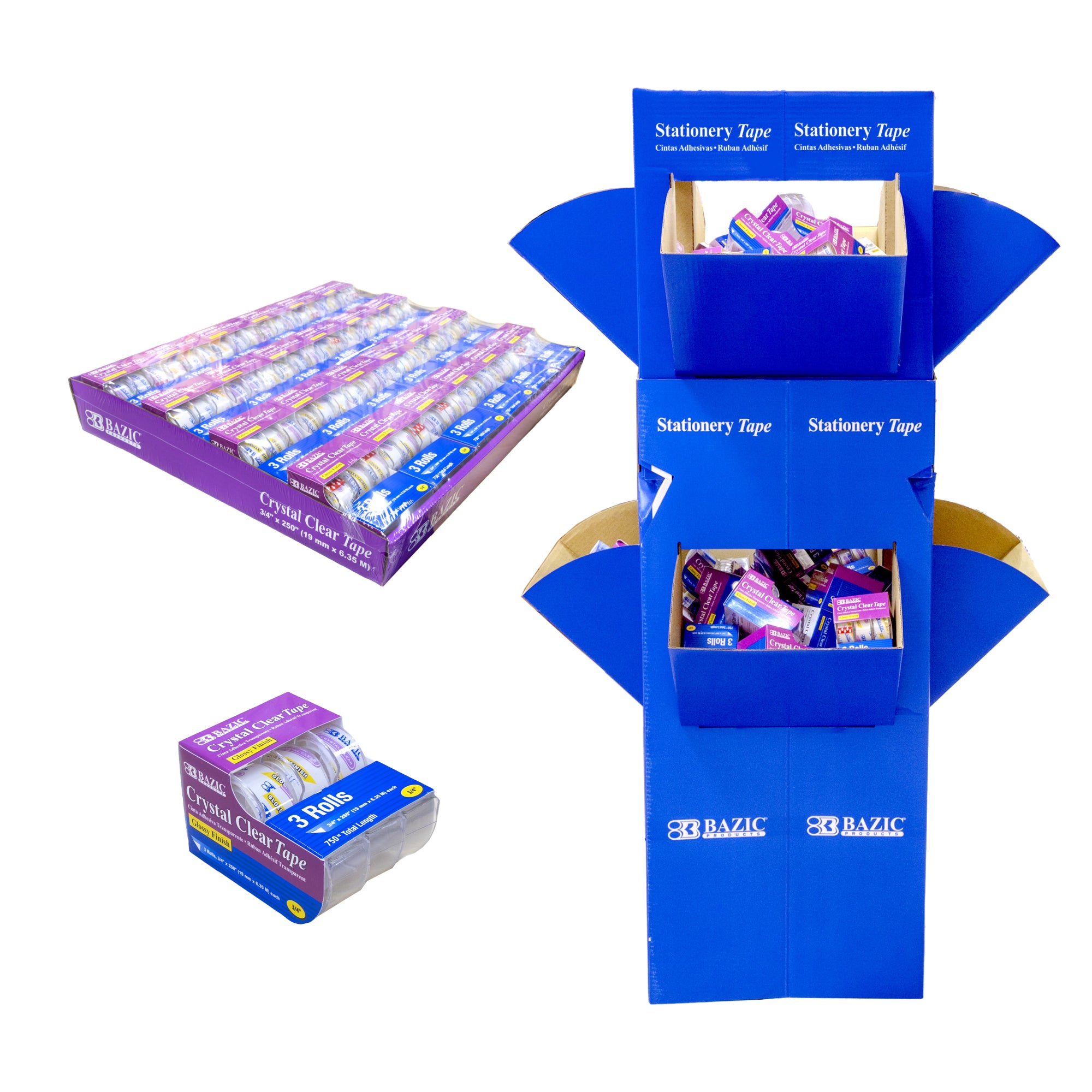 3/4" X 250" Crystal Clear Tape (3/Pack) w/ Floor Display