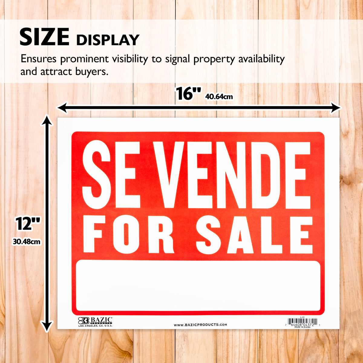 Red and white Se vende / For sale sign with blank writing area, 16 in (40.64 cm) wide by 12 in (30.48 cm) tall.