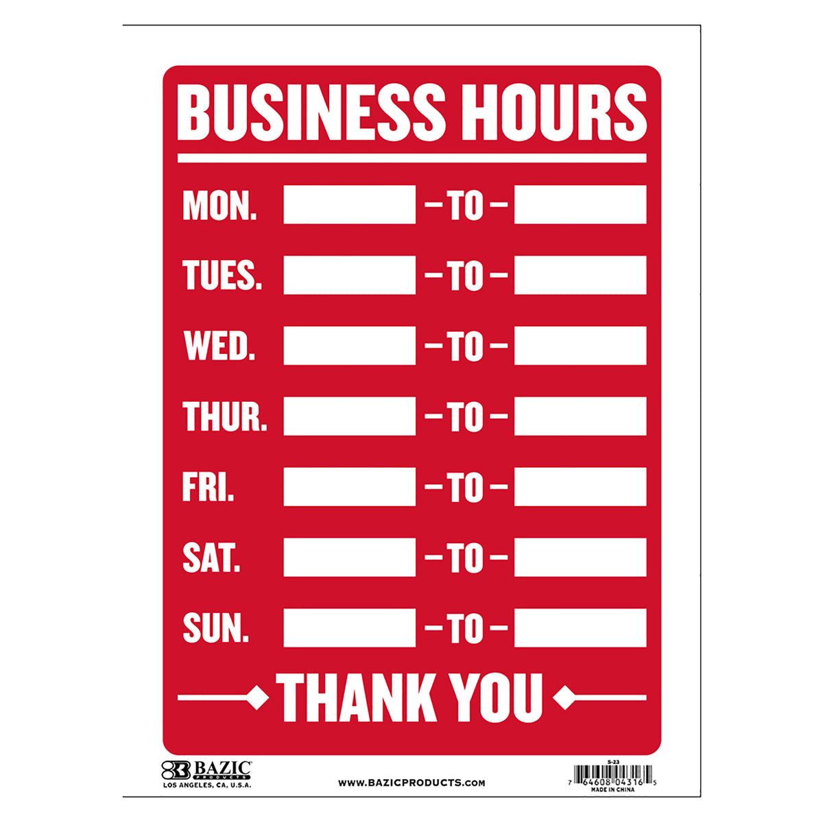 Business Hours Sign, 9 x 12 in, Weather Resistant