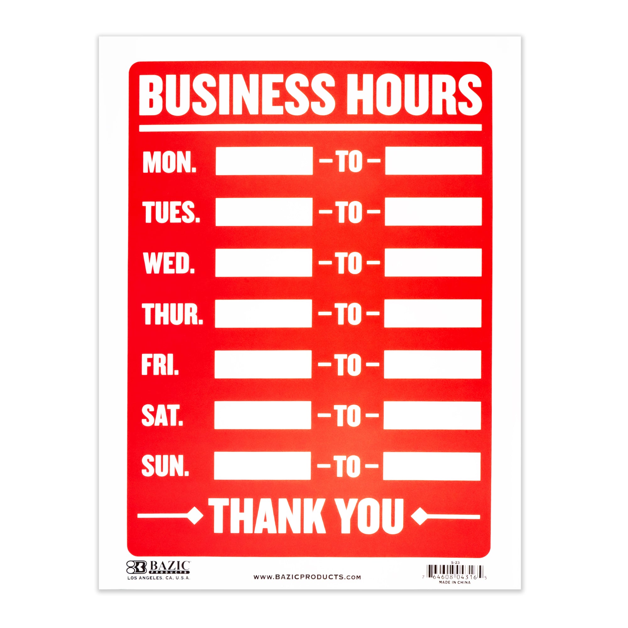 9" X 12" Business Hours Sign