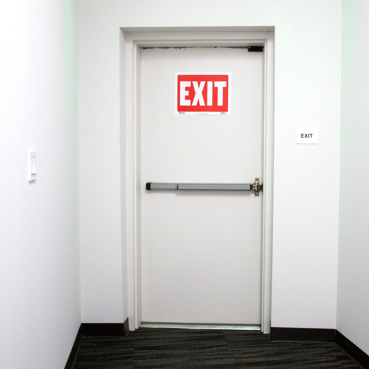 Red sign with large white EXIT lettering mounted on a white door above a metal push bar.