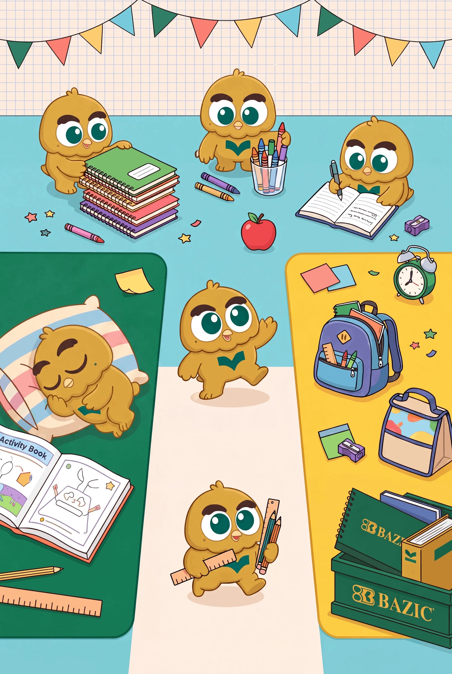 Illustrated BAY-Z characters in a classroom scene with notebooks, crayons, a backpack, lunch bag and BAZIC supply crates
