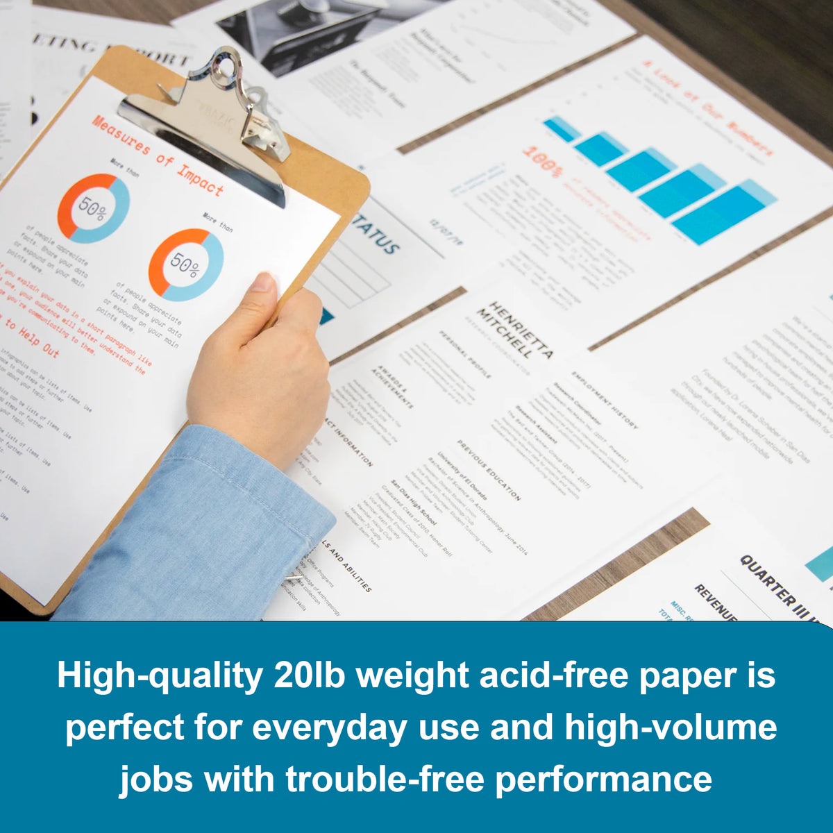 Printed reports; high-quality 20 lb acid-free paper for everyday use and high-volume jobs with trouble-free performance.