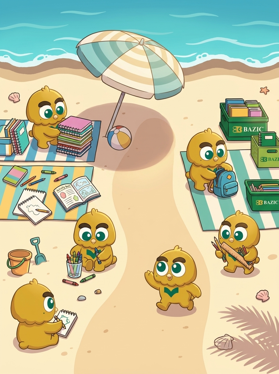 BAY-Z mascots on a summer beach with BAZIC school supplies, notebooks, crayons and a striped umbrella