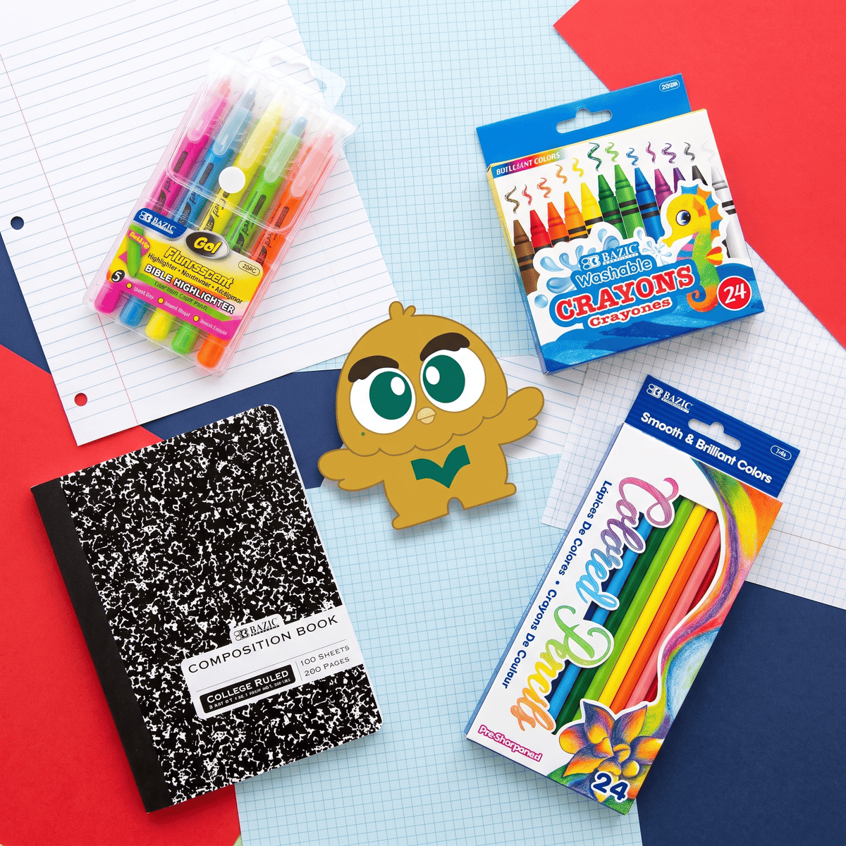 Illustrated BAY-Z characters in a classroom scene with notebooks, crayons, a backpack, lunch bag and BAZIC supply crates