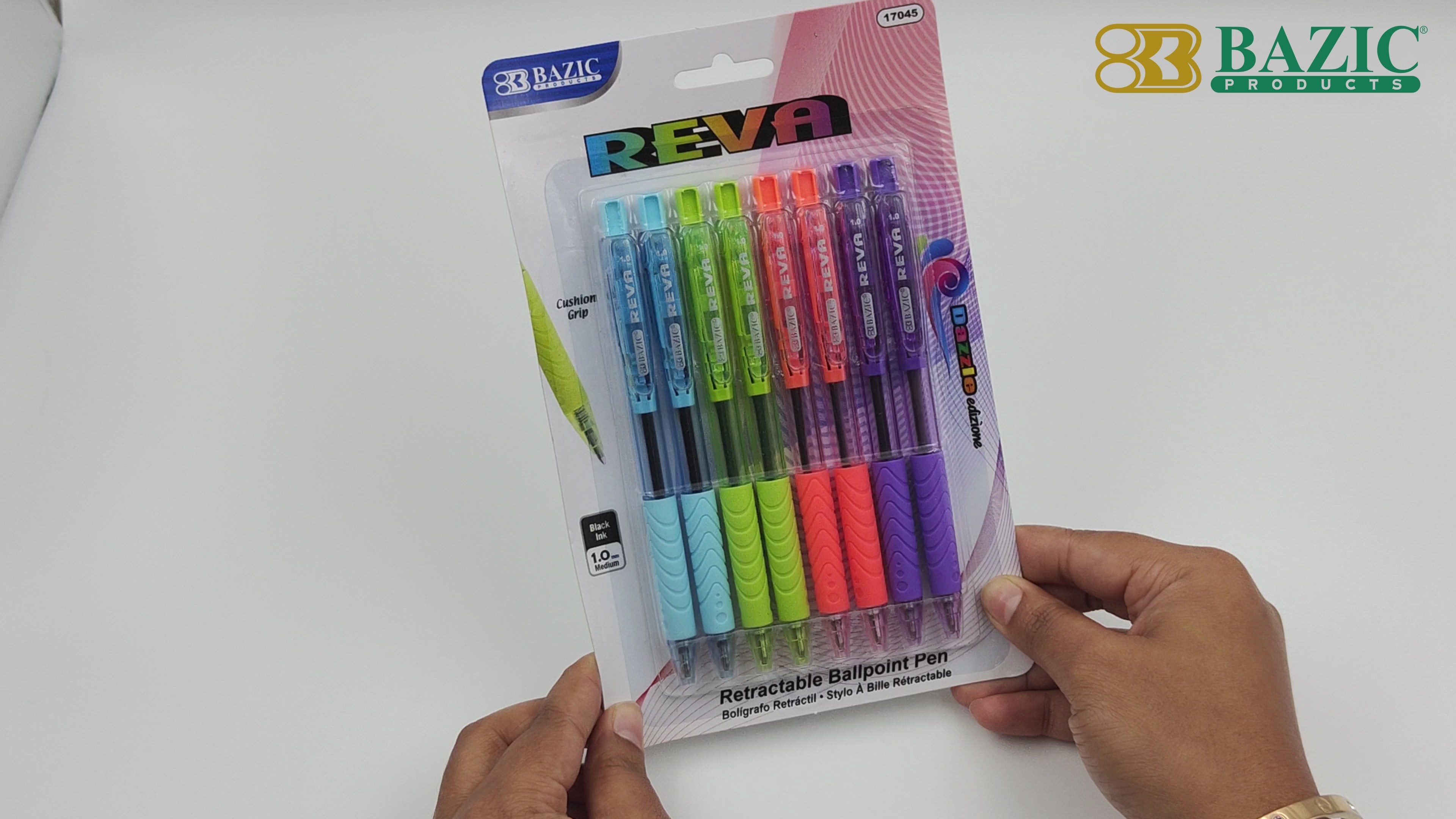 Load video: Reva Dazzle Black Color Retractable Pen w/ Cushion Grip (8/Pack)
