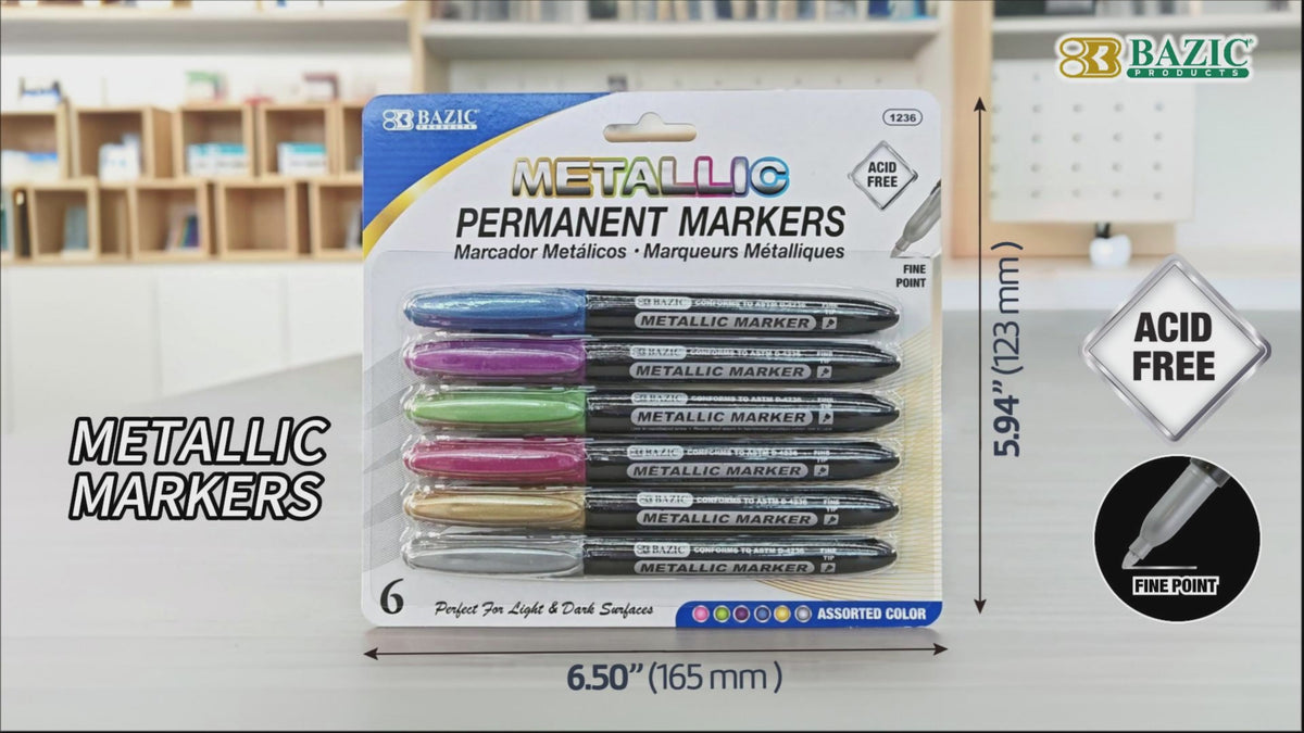 Load video: Metallic Markers, Bullet Tip, 6 Colors, Light &amp; Dark Paper