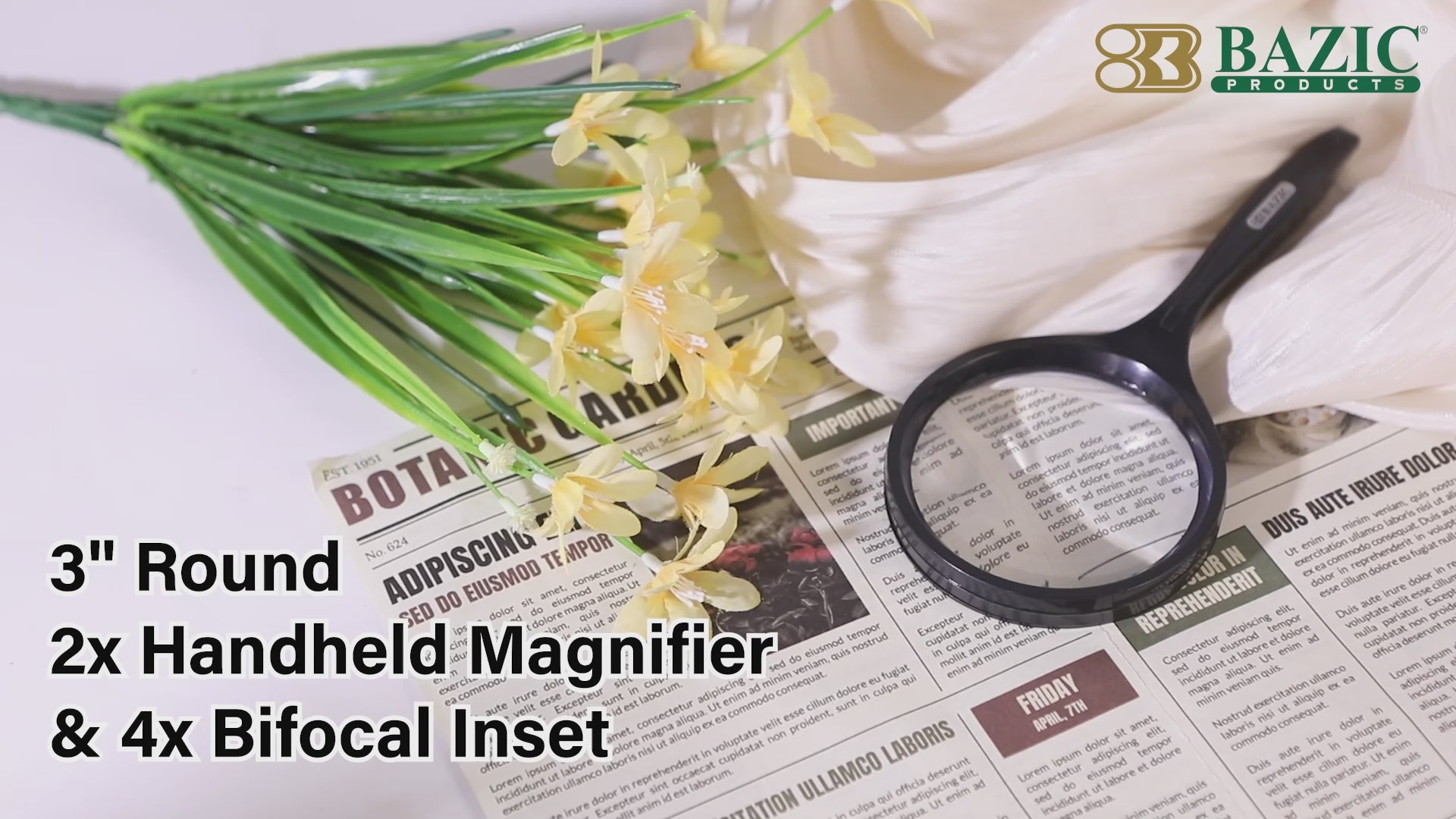 Load video: 3&quot; Round 2x Handheld Magnifier &amp; 4x Bifocal Inset