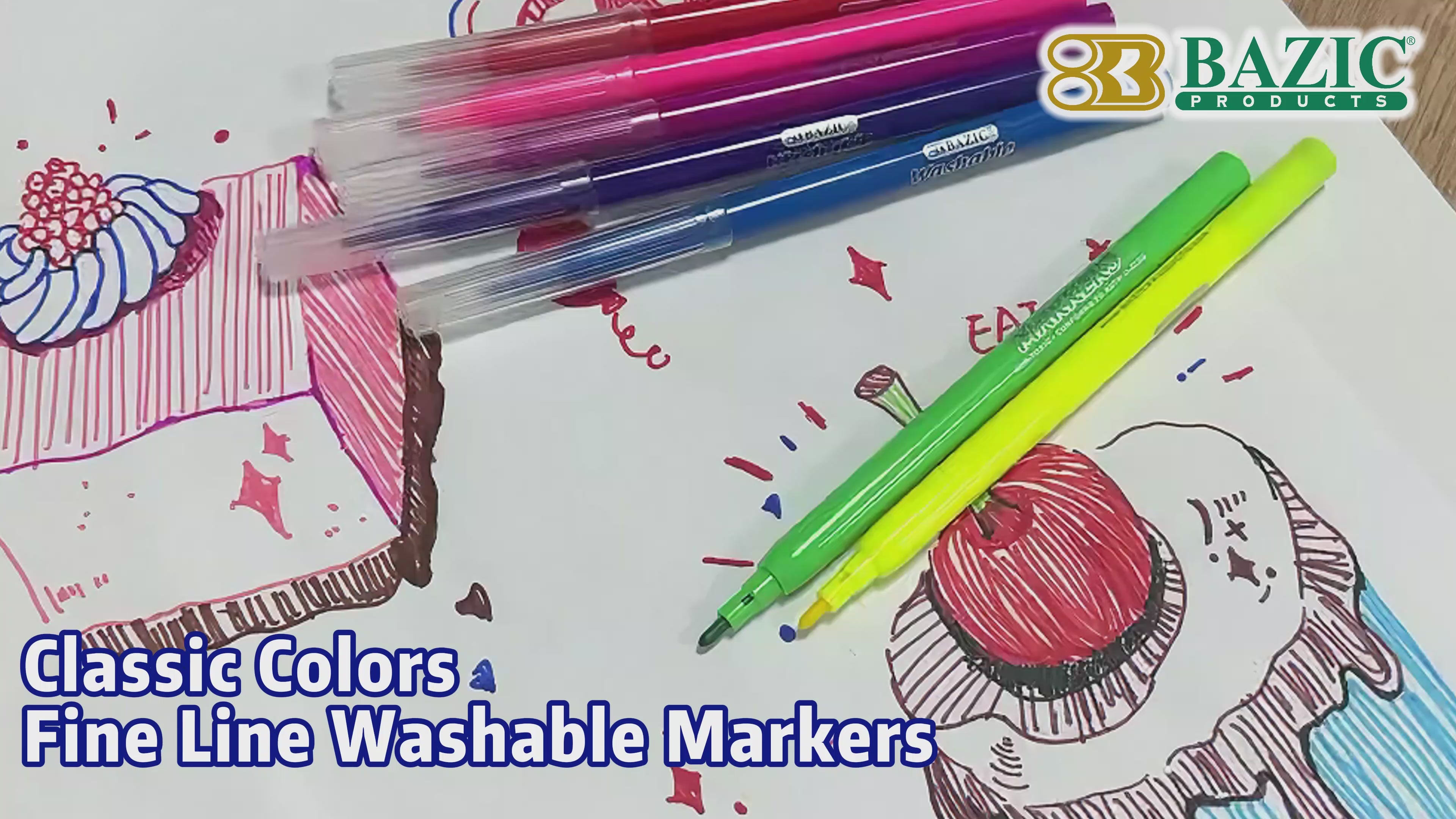 Load video: Washable Fine Line Markers, 20 Colors, Non-Toxic, for Kids