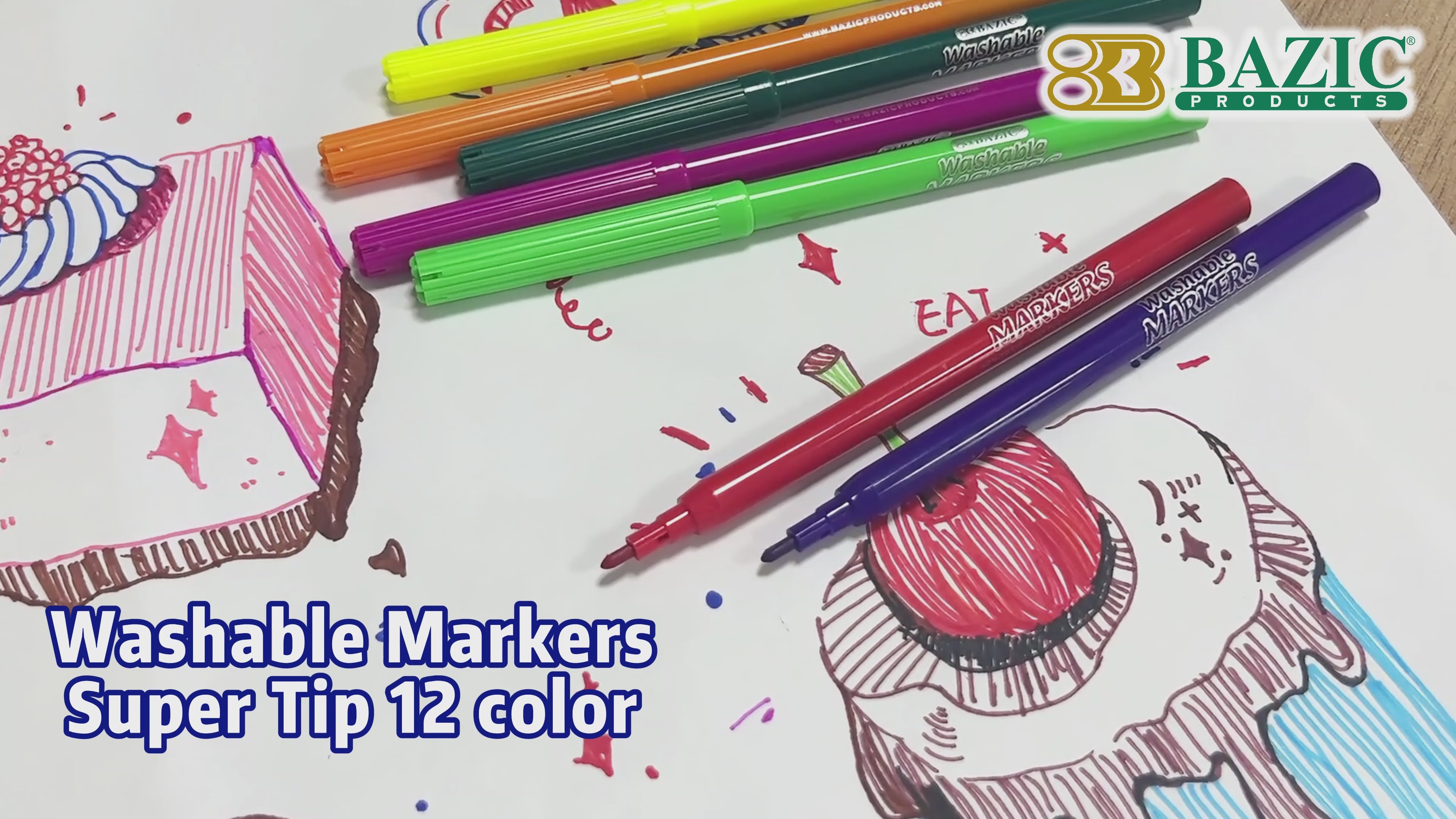 Load video: Washable Fine Line Markers, 12 Colors, Non-Toxic Coloring