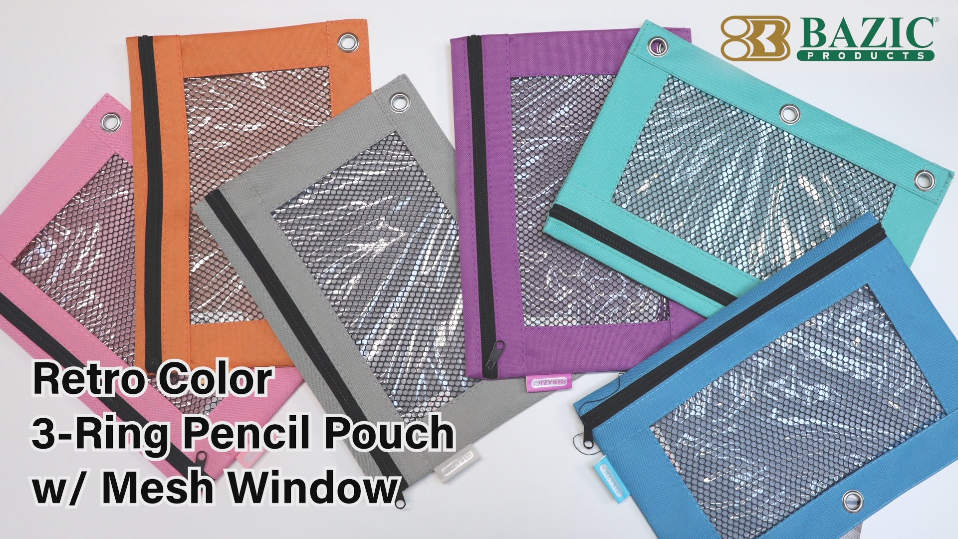 Load video: Retro Color 3-Ring Pencil Pouch w/ Mesh Window