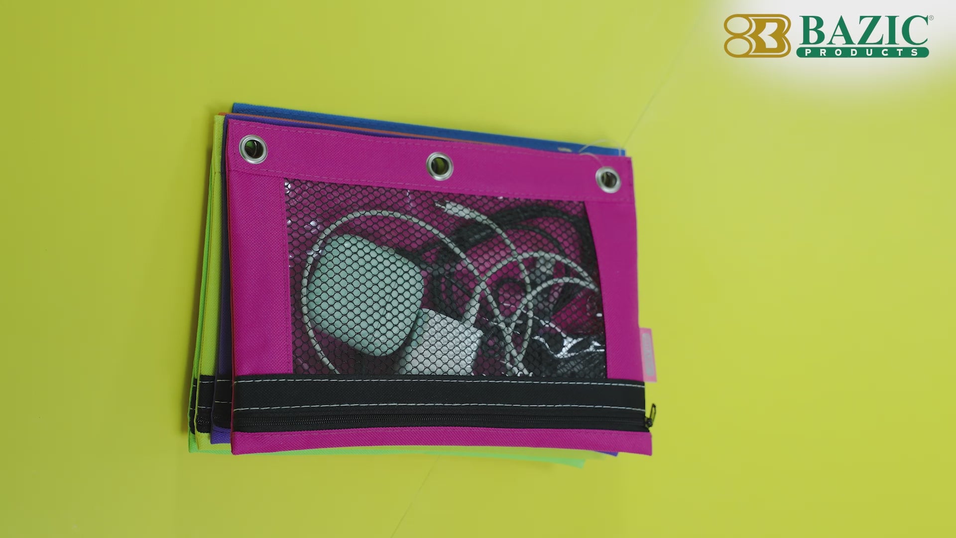 Load video: Bright Color 3-Ring Pencil Pouch w/ Mesh Window