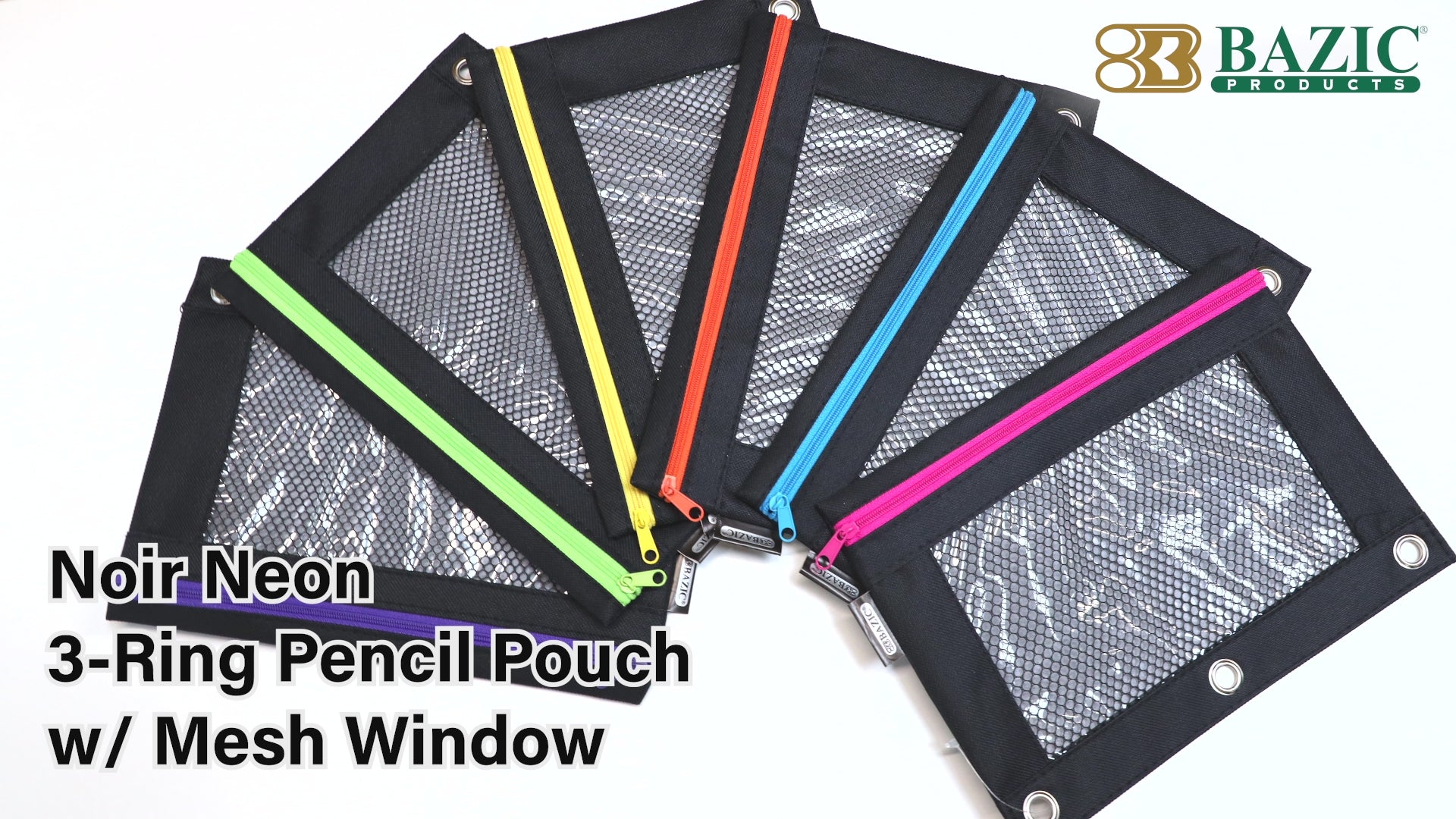 Load video: Noir Neon 3-Ring Pencil Pouch w/ Mesh Window