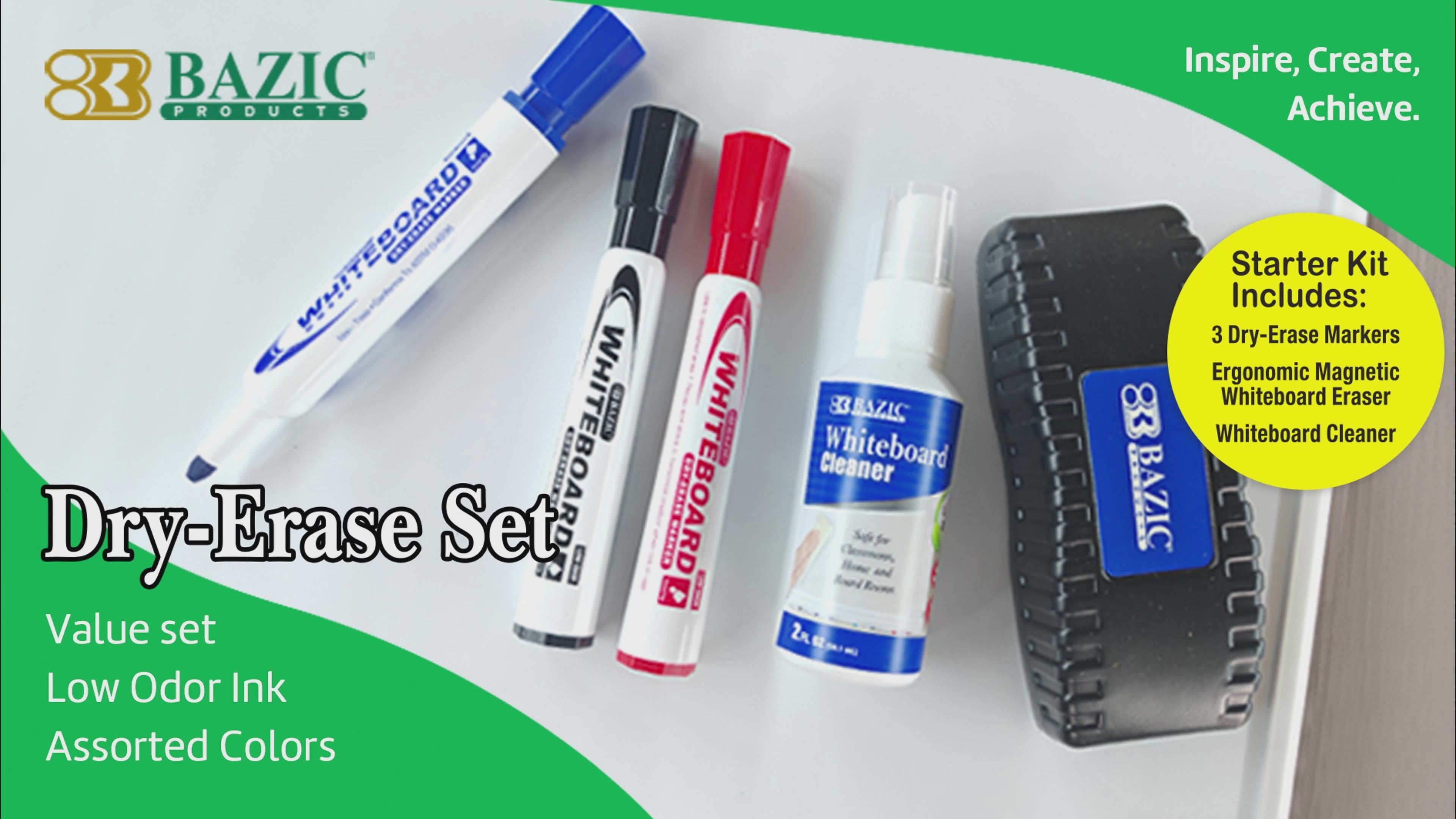 Load video: Dry Erase Starter Kit, 3 Markers, Eraser &amp; Cleaner
