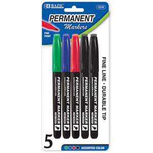 Fine Tip Assorted Color Permanent Markers w/ Pocket Clip (5/Pack)