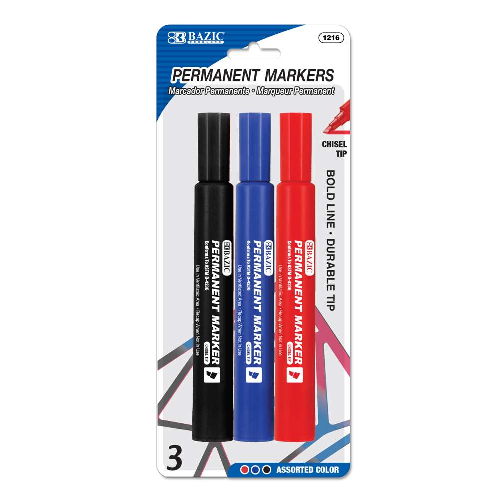 Bazic Permanent marker, Chisel Tip Jumbo (Assorted Colors) - 3 count