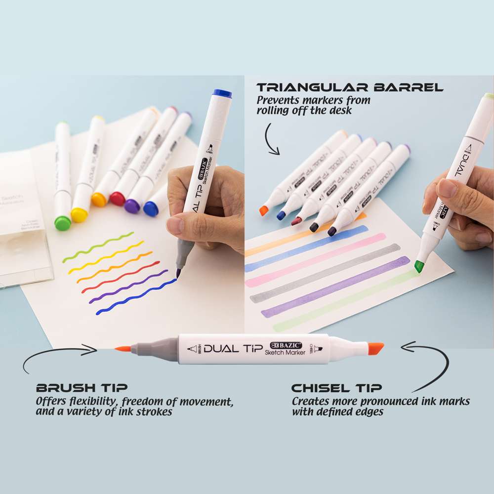 Bazic 6 Pastel Colors Dual Tip Sketch Markers