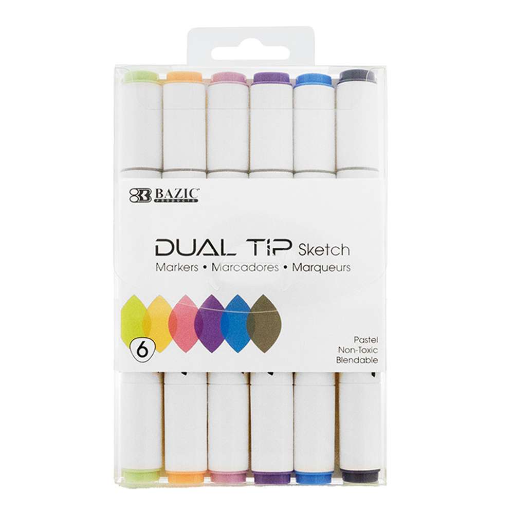 Bazic 6 Pastel Colors Dual Tip Sketch Markers