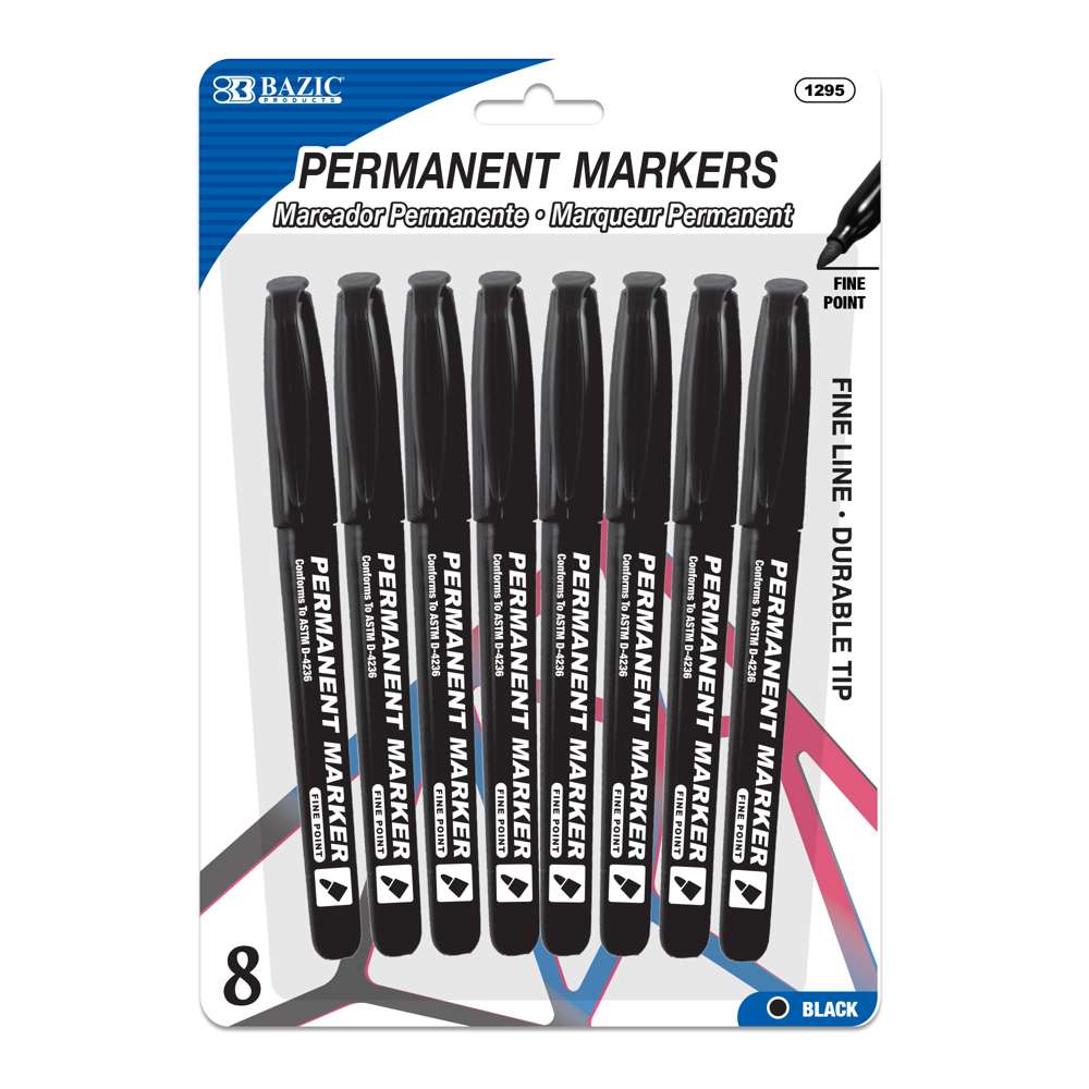 Black Fine Tip Permanent Markers w/ Pocket Clip (8/Pack)