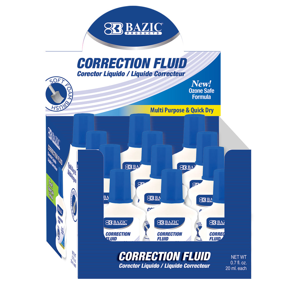 BAZIC Correction Fluid with Foam Brush, Fast-Dry White, 20mL