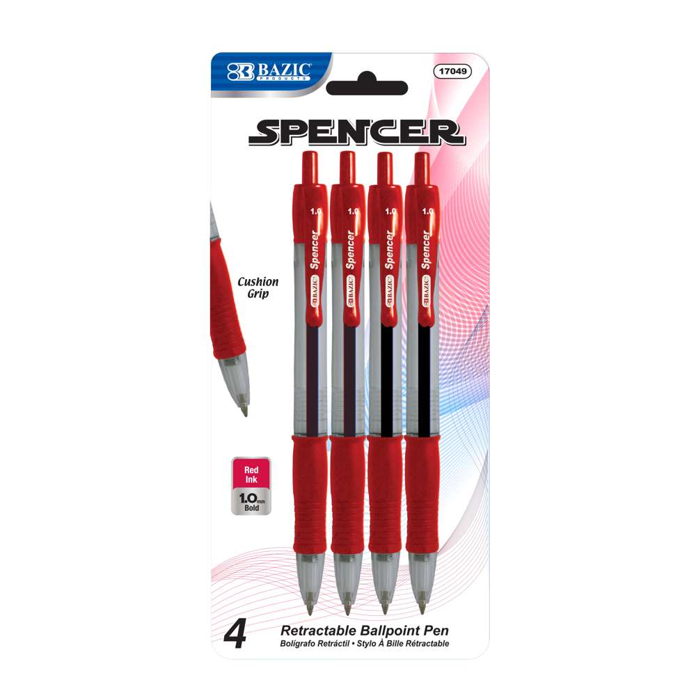 Spencer Red Retractable Pen w/ Cushion Grip (4/Pack)