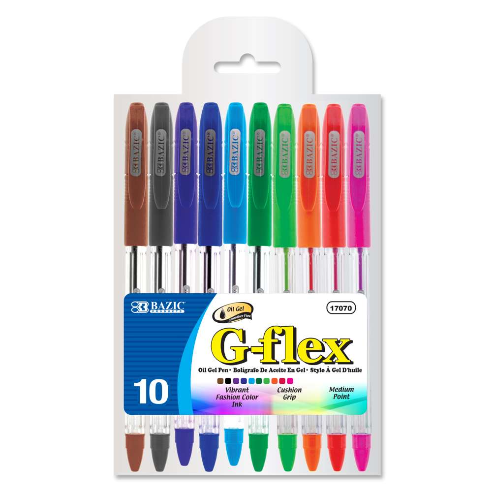 Bazic 10 Color G-Flex Dazzle Oil-Gel Ink Pen W Cushion Grip
