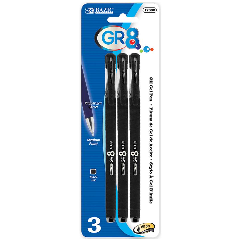 GR8 Black Oil-Gel Ink Pen w/ Rubberized Barrel (3/Pack)
