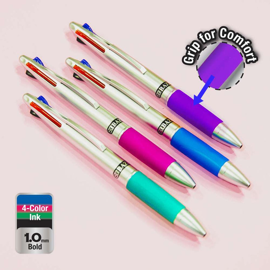 Silver Top 4-Color Pen w/ Cushion Grip (2/Pack)