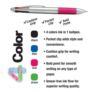 Silver Top 4-Color Pen w/ Cushion Grip (2/Pack)