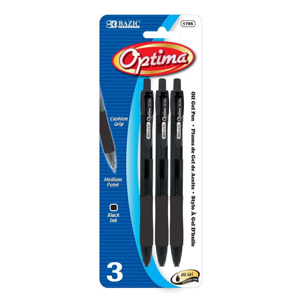 Optima Black Oil-Gel Ink Retractable Pen w/ Grip (3/Pack)