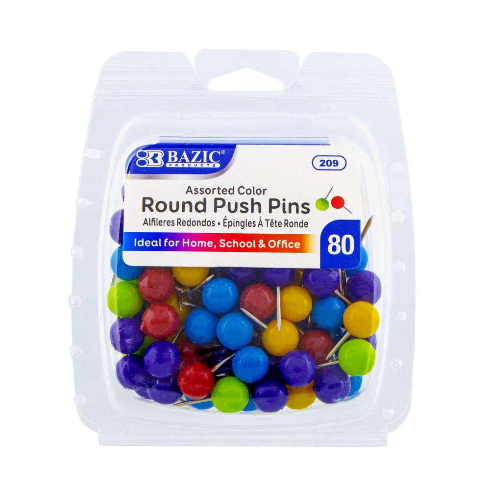 Bazic Push Pins Round Assorted Color (80/Pack) Box - 24 Units @ per Unit