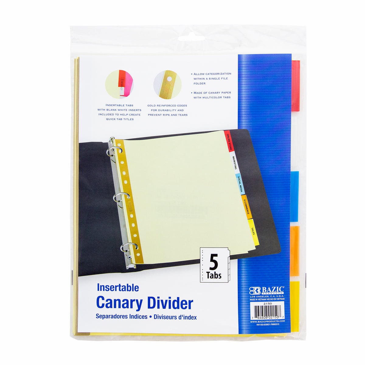 BAZIC Canary Binder Dividers, 5 Insertable Color Tabs