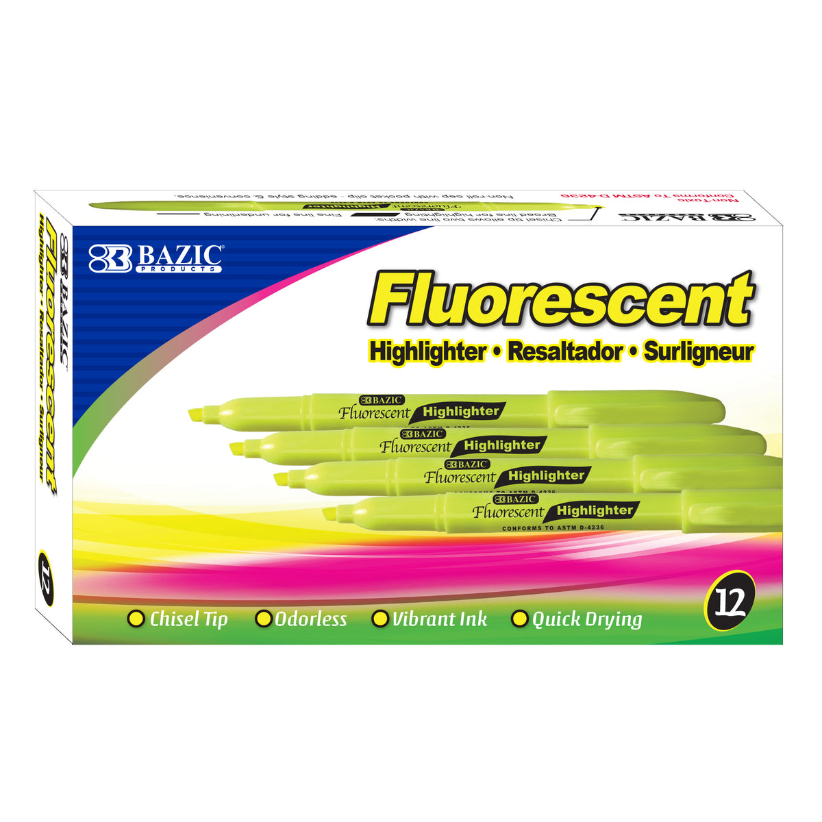 BAZIC Yellow Pen Style Highlighters, Chisel Tip, Clip