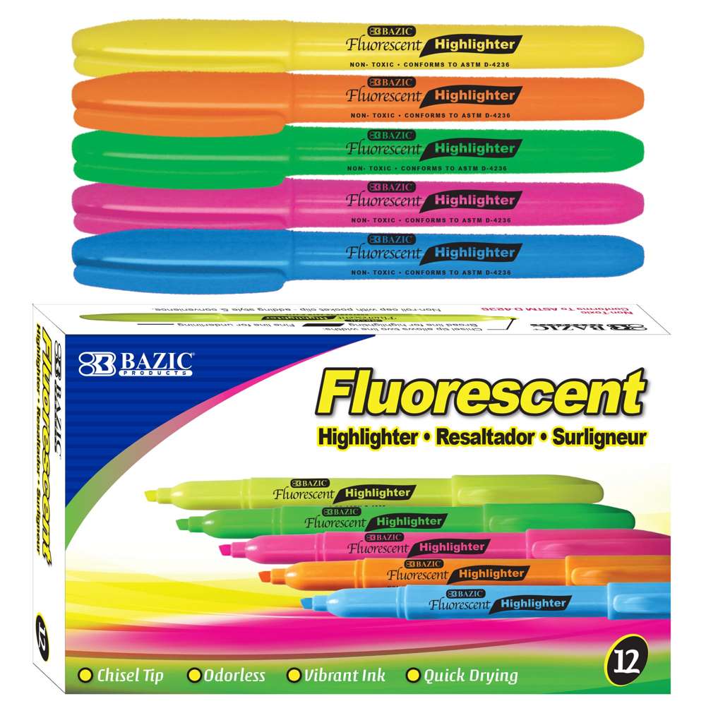 BAZIC Pen Style Highlighters, Assorted, Chisel Tip, Clip, 12 highlighters