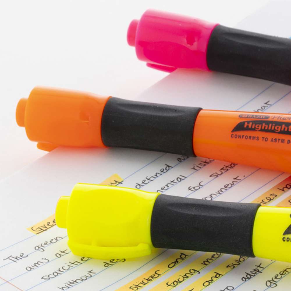Yellow Desk Style Fluorescent Highlighters w/ Cushion Grip (3/Pack)