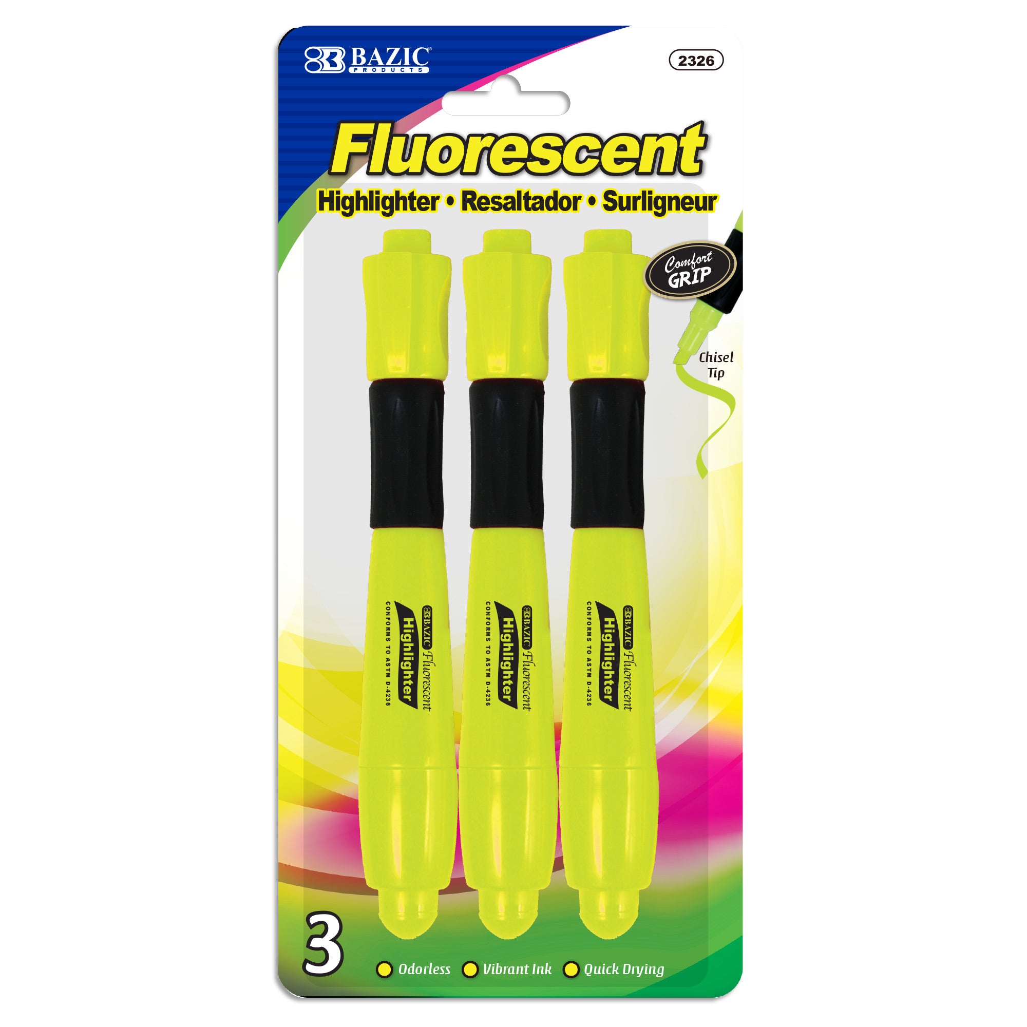 Yellow Desk Style Fluorescent Highlighters w/ Cushion Grip
